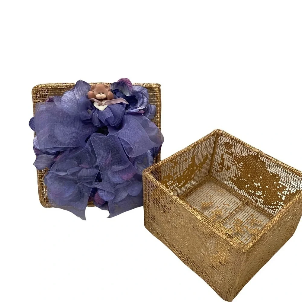 Treasure Trinket Gold Mesh Box with Lid Purple Floral 4x4x2.75